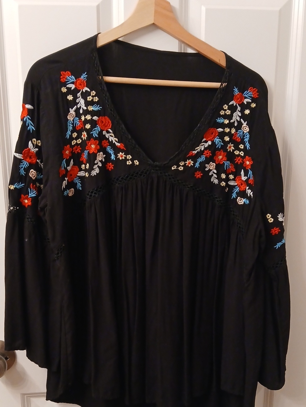 Boho Embroidered V-Neck Black Top with Red & Blue Floral Accents